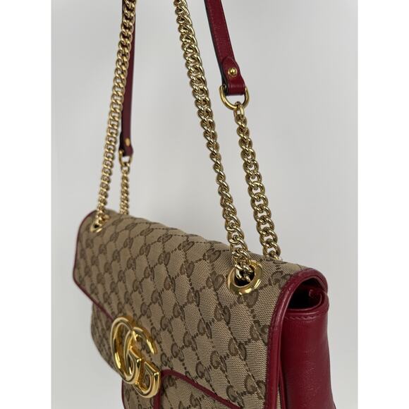 Gucci GG Marmont Monogram Matelassé Diagonal Shoulder Bag Beige and Red - Picture 12 of 16